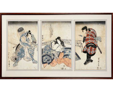 A Japanese triptych woodblock print, 19th century. 49 x 88.5cm.