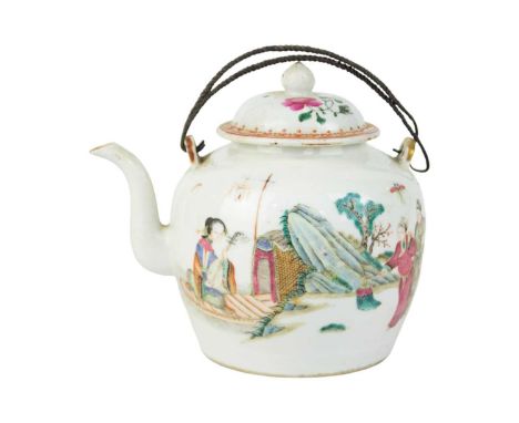 A Chinese famille rose teapot, early 20th century. With figures and a horse in a landscape, two metal rope-twist handles, wit