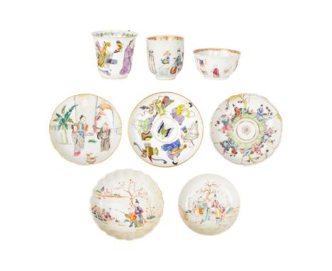 Five Chinese saucers, two cups and a tea bowl, Qing Dynasty. 18th/19th century, largest saucer dish diameter 14cm. (8)The tea