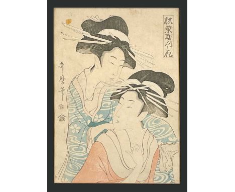 Kitagawa Utamaro. Woodblock print. Edo period (1753-1806) Depicting two courtesans, frame 55.5 x 43cm, image 36 x 24cm.