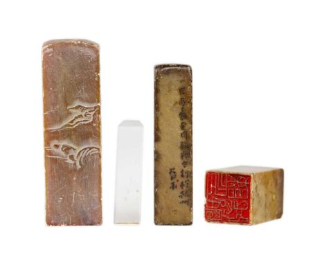 Three Chinese soapstone seals, 19th century. Heights 10cm, 9cm and 4.5cm; and a Chinese rock crystal seal, 19th century, heig