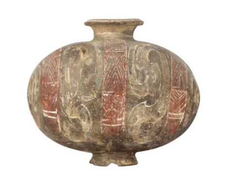 A Chinese Neolithic cocoon flask, Han Dynasty. With geometric motifs, height 24cm, width 27cm, depth 16cm.