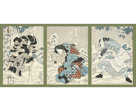 A Japanese triptych woodblock print, 19th century. 50 x 87cm.