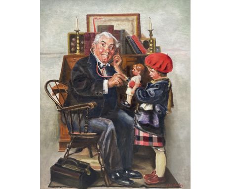 J M Varley (British 20th Century) after Norman Rockwell (American 1894-1978): 'How is she Doctor?', oil on canvas signed, tit