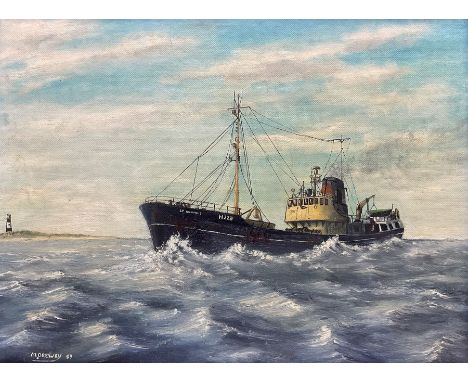 M Drewry (British 20th century): St Rominus Hull Trawler off Spurn Point, oil on board signed and dated '89, 29cm x 39cm