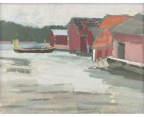 K Knapp (German 20th Century): Boatsheds, oil on board signed 25cm x 32cm 