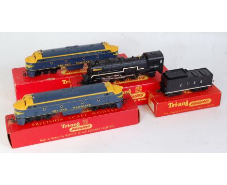 A Triang TC series R545 "Hiawatha" engine and R32 bogie tender, with instructions (G-BG), together with R159 and R160 powered