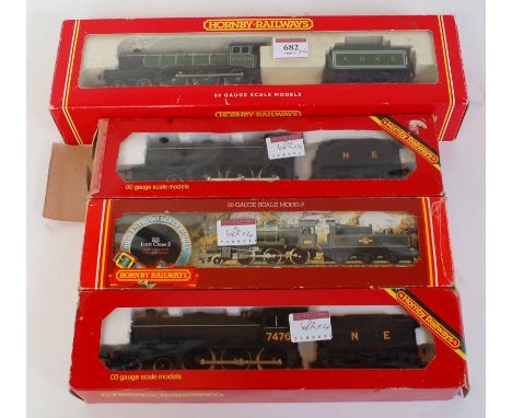 Hornby BR green Ivatt class 2 engine and tender (G-BG), NE black class B12 (G-BF) and another (F-BF) and an LNER lined green 