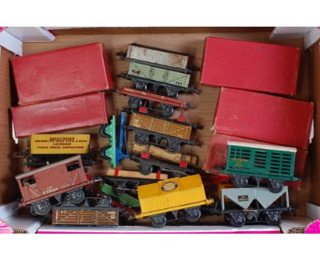 Large tray containing 19 post-war Hornby wagons (5 boxed - BR goods brake, LMS No. 1 open, Southern Milk Traffic, Cement, BR 