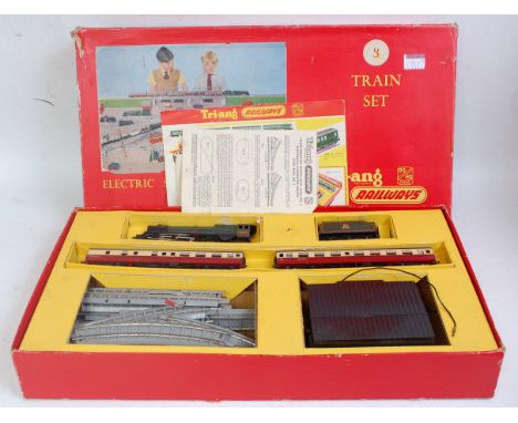Two Triang railways Princess Elizabeth passenger sets; 1 x RBX green loco, some chips to lining, with 2 coaches, track and ba