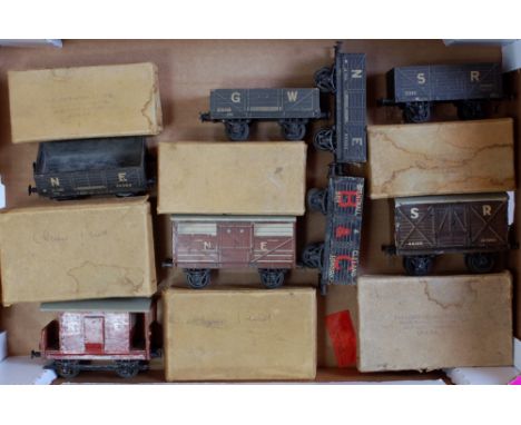 Large tray, 6 boxed and 2 unboxed Leeds wooden wagons including SR goods van, SR high sided open, GW open, NE cattle, 2x NE o