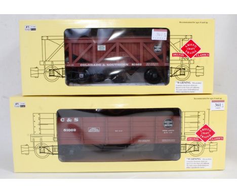 2x Aristocraft Trains G scale American Colorado &amp; Southern brown wood gondola car No. 81002 and coal hopper car No. 81402