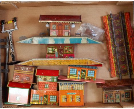 Tray containing assorted Wells/Brimtoy/Chad Valley/Mettoy Accessories including 3 stations, 3 signal boxes, c/w viaduct; dist