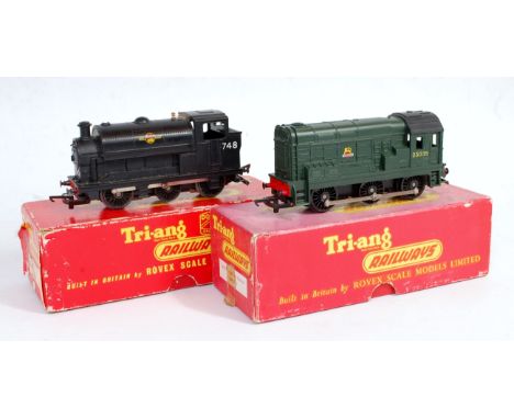 Triang R153 black 0-6-0 saddle tank engine no. 748 (G-BFG), together with R152 0-6-0 green diesel shunter D3035, box lid fade