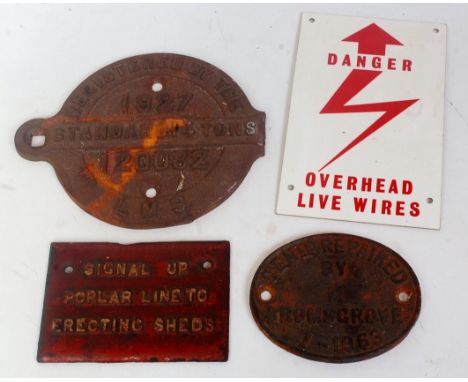 A cast iron and enamel distant arm signal without spectacle plate, probably BR region, sold with four various cast iron and p