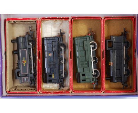 Triang R52 Jinty tank engine black (G-BG), R152 black diesel shunter and another green in a R52 box (G-BG), R153 black saddle