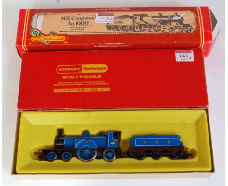 A Hornby Railways R553 gloss blue Caledonian 4-2-2 engine and tender (G-BG) together with R355 MR compound No. 1000 (G-BF)