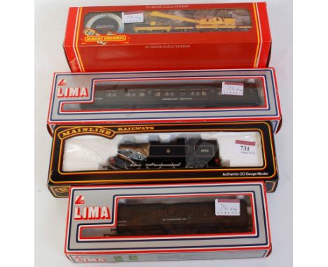 Items to form breakdown train, Mainline BR lined black class N2 tank engine (G-BP), Hornby R749 yellow 75 ton crane (G-BG), L