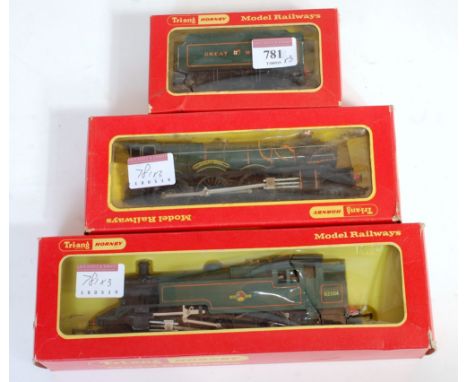Triang Hornby R59S class 3MT tank engine lined green livery (G-BG) and R759/R760 GWR Hall class engine and tender (FG-BG)