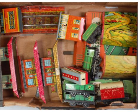 Large tray containing a selection of Brimtoy &amp; Chad Valley items: Brimtoy island platform; Joytown No.4 signal box; two w