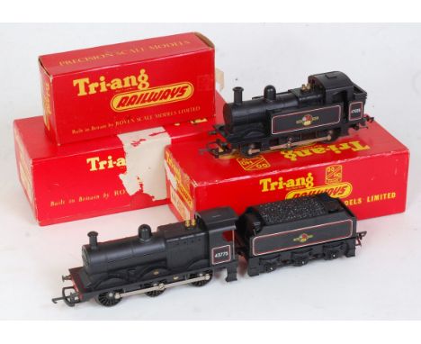 Triang R52 BR lined black Jinty 0-6-0 tank engine (G-BG), together with R251/R33 class 3 engine and tender, also lined black 