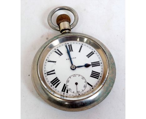 A silver plated open faced pocket watch by Record comprising enamel dial with Roman numerals and seconds dial, marked LMS 162