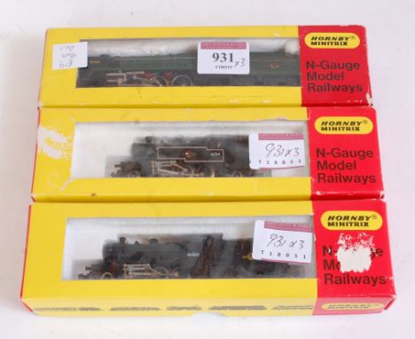 3 Hornby Minitrix steam locomotives, "Britannia" (G-BG) BR black 2-6-0 and tender (G-BG) BR lined black 2-6-2 tank engine (G-
