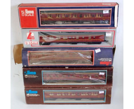 5x Lima LMS maroon bogie coaches including 3x 15865 and 2x 5051, all (G-BP)