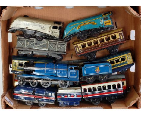 Small tray containing mix of Wells Brimtoy and Chad Valley items including c/w 0-4-0 'Silver Streak', c/w 0-4-0 'Golden Eagle