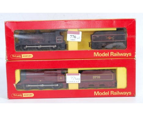 Triang Hornby R251/R33 class 3F engine and tender BR lined black (G-BG), and another Midland Railway maroon (NM-BNM)