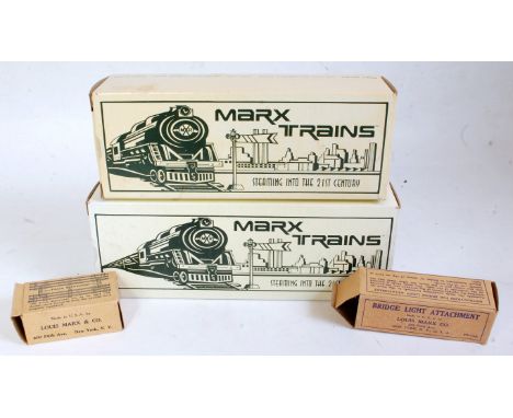 Small box St Paul &amp; Pacific old-time caboose (M-BE), with No. 5501 convention diner (M-BE), Marx bridge light attachment 