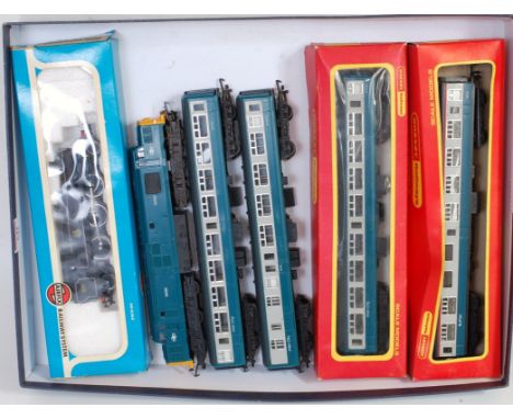 Hornby BR blue class 37 diesel locomotive and 4 blue/grey coaches (2 boxed) (G-BFG), and an Airfix BR black prairie tank engi