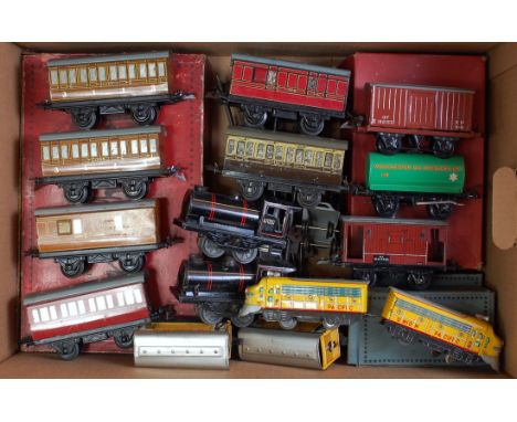 Large tray mainly Hornby '0' gauge items, 4 x post war no. 1 coaches including 2 x LNER 1st/3rd (G), LNER pass brake (G), no.