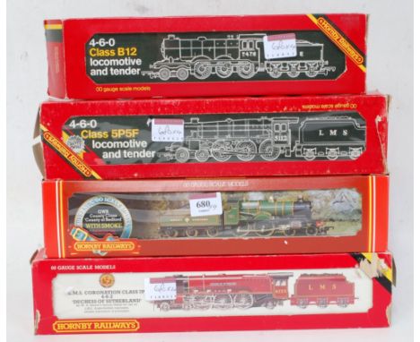 4 Hornby engines and tenders in mixed condition boxes, NE black class B12 engine and tender (G-BP), LMS red 'Duchess of Suthe