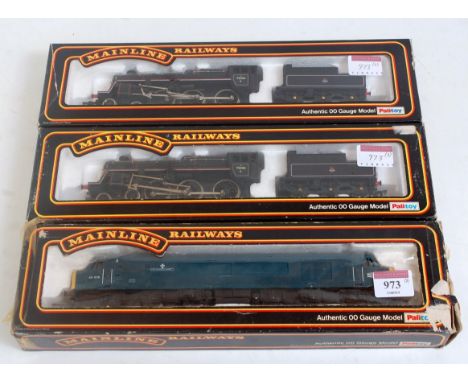 Three Mainline locos:- two 37052 standard class 4, 4-6-0's black loco and tender BR 75006 (G-BG) with 37501 class 45 diesel 4