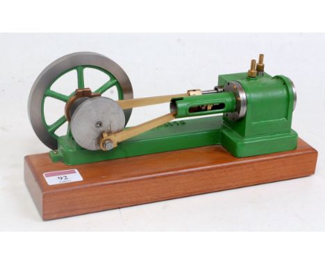 A Clarkson live steam horizontal mill engine, hand painted in green, comprising of a sealed single cylinder, with slip eccent