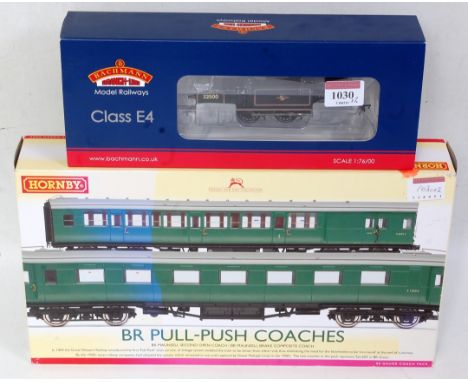 A Bachmann 35-078 BR lined black class E4 tank engine, DCC ready (m-BM) together with Hornby R4534B SR green push-pull coach 