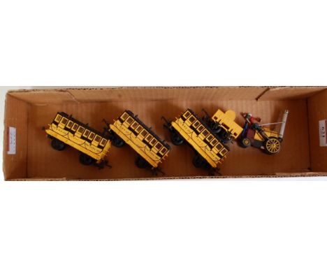 A Triang 'Rocket' engine and tender with crew and 3 four wheel coaches, Times, Experience and Despatch (G)