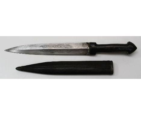 A Khanjali - type dagger with embossed horn grip and flattened diamond section steel blade, in stitched leather scabbard, 41c