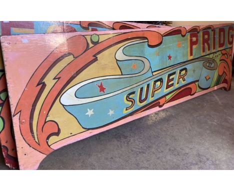 Fairground Interest: A vintage fairground hand painted artwork headliner wooden boards ‘ Pridgeons Super Thriller’. Approxima