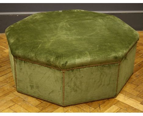 A modern large octagonal pouffe upholstered in tacked down green velvet dralon, d 112cm