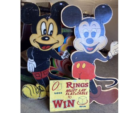 Fairground Interest: A vintage fairground, two hand painted Mickey Mouse signs 125 x 75 cm, along with ‘Rings must lay flat’ 