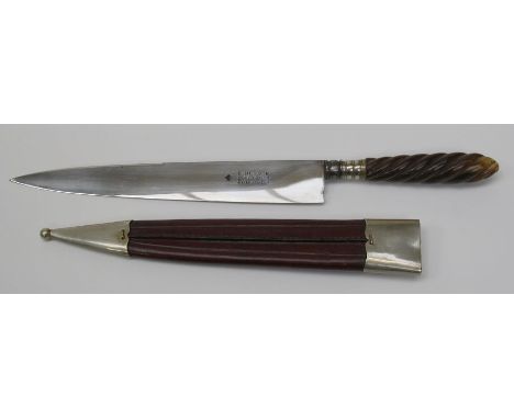 A wrythen horn handled dagger, the blade named Herder, Solingen, in leather scabbard, 35cm overall