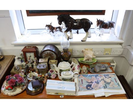 Two Japanese coloured woodcuts, 8¼” x 15½”, unframed; an oil lamp; two mantel clocks; &amp; sundry other items. 