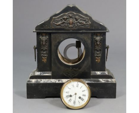 A 19th century large mantel clock with black roman numerals to the 4¾” diameter white enamel dial, &amp; in a black slate cas
