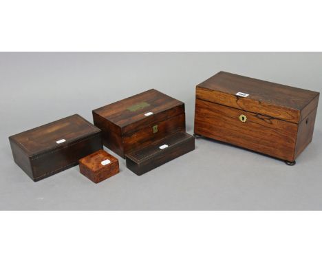 A 19th century rosewood tea caddy (lacking mixing bowl), with hinged lift lid, &amp; on bun feet, 11¾” wide; together with fo