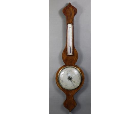 A Victorian walnut banjo barometer with 8” silvered dial, brass bezel, &amp; thermometer above, with pointed terminals; 38” h