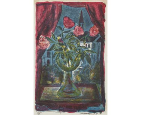 § SIR WILLIAM MACTAGGART P.R.S.A., R.A., F.R.S.E., R.S.W. (SCOTTISH 1903-1981) ROSES AGAINST THE NIGHT SKY (DRUMMOND PLACE) -