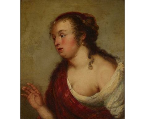 18TH CENTURY SCHOOL HALF-LENGTH PORTRAIT OF A WOMAN WITH A PATTERNED ROBE Oil on panel, and a companion, a pair, 'Half-Length