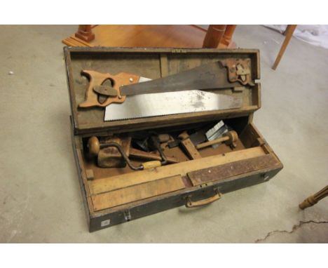 Vintage Wooden Tool Box with various wooden handled Tools including saws